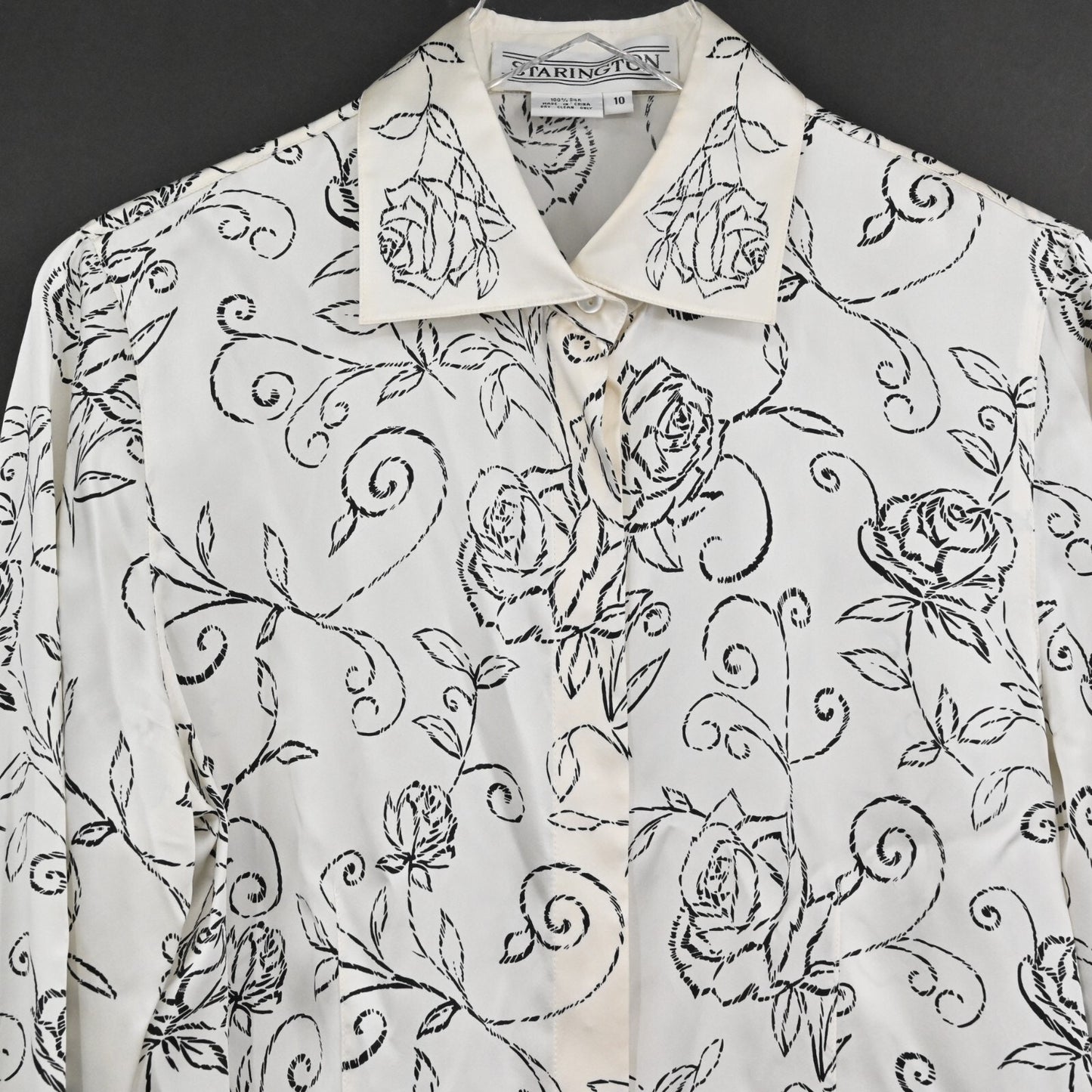 Vtg Womens Floral Silk Top Size 10 Satin Black Ivory Print Blouse STARINGTON 80s