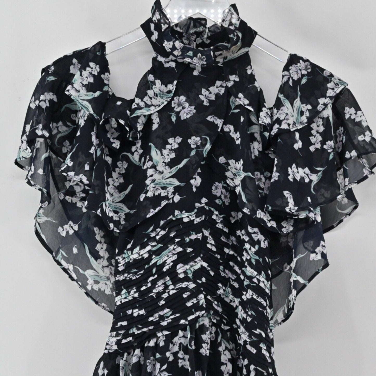 ELLIATT Dress Womens Sz XS Ruffle Mini Navy Blue Floral Cold Shoulder Whimsygoth