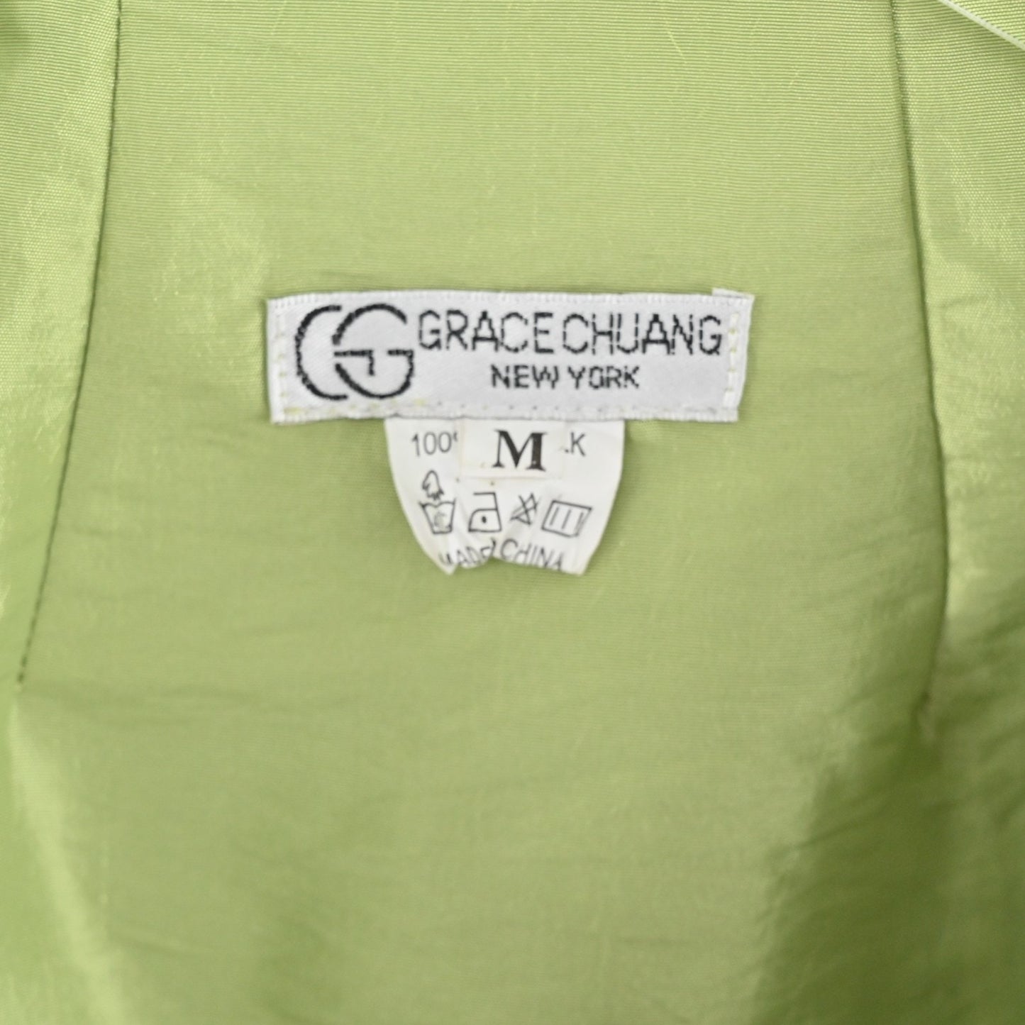 Vtg GRACE CHUANG Womens Silk Green Jacket Size M Gingham Open Front Longline