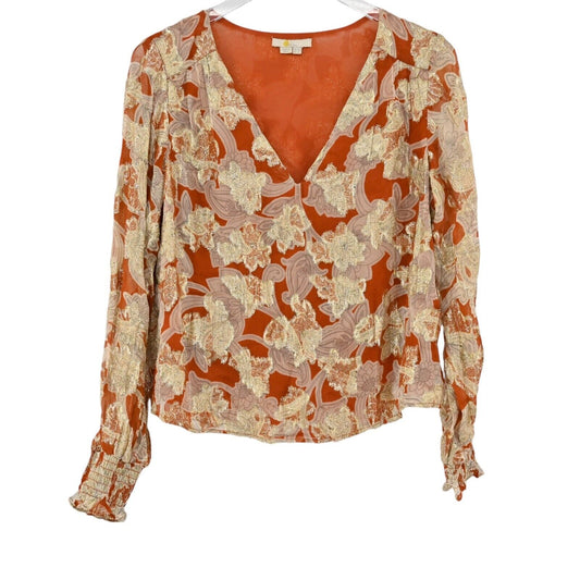 BODEN Top Womens Sz 6 VNeck Jacquard Blouse Rust Whirl Floral Print Long Sleeve