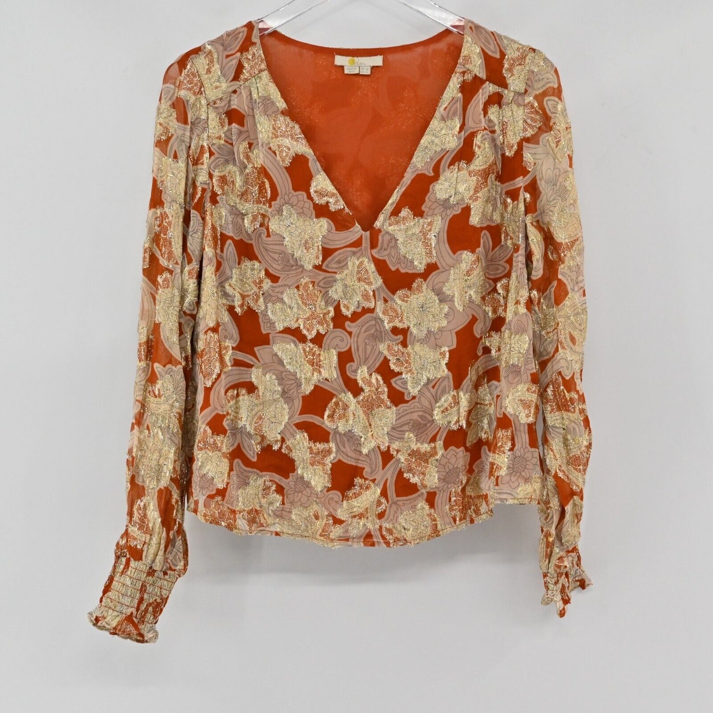 BODEN Top Womens Sz 6 VNeck Jacquard Blouse Rust Whirl Floral Print Long Sleeve