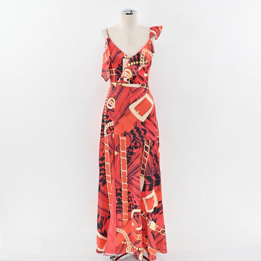 MARCIANO Dress Size 2 VNeck Side Slit Multicolor Red Chain Buckle Print Maxi