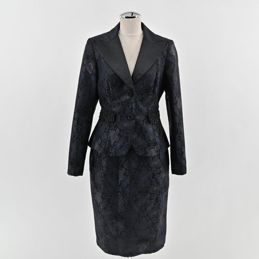 Vtg Kay Unger Womens Jacquard Blazer Skirt Suit Set Size 6 Silk Blend Black Blue