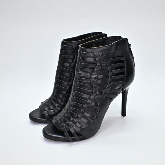 JOIE Heels Womens Size 38 Black Leather Strappy Peep Toe Stiletto Ankle Bootie