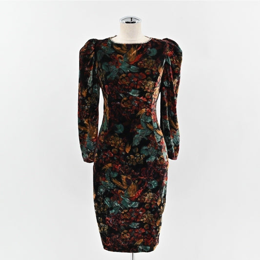 Vtg 80s Floral Velvet Dress Size S Whimsigoth Dark Romantic Puff Goth Open Back