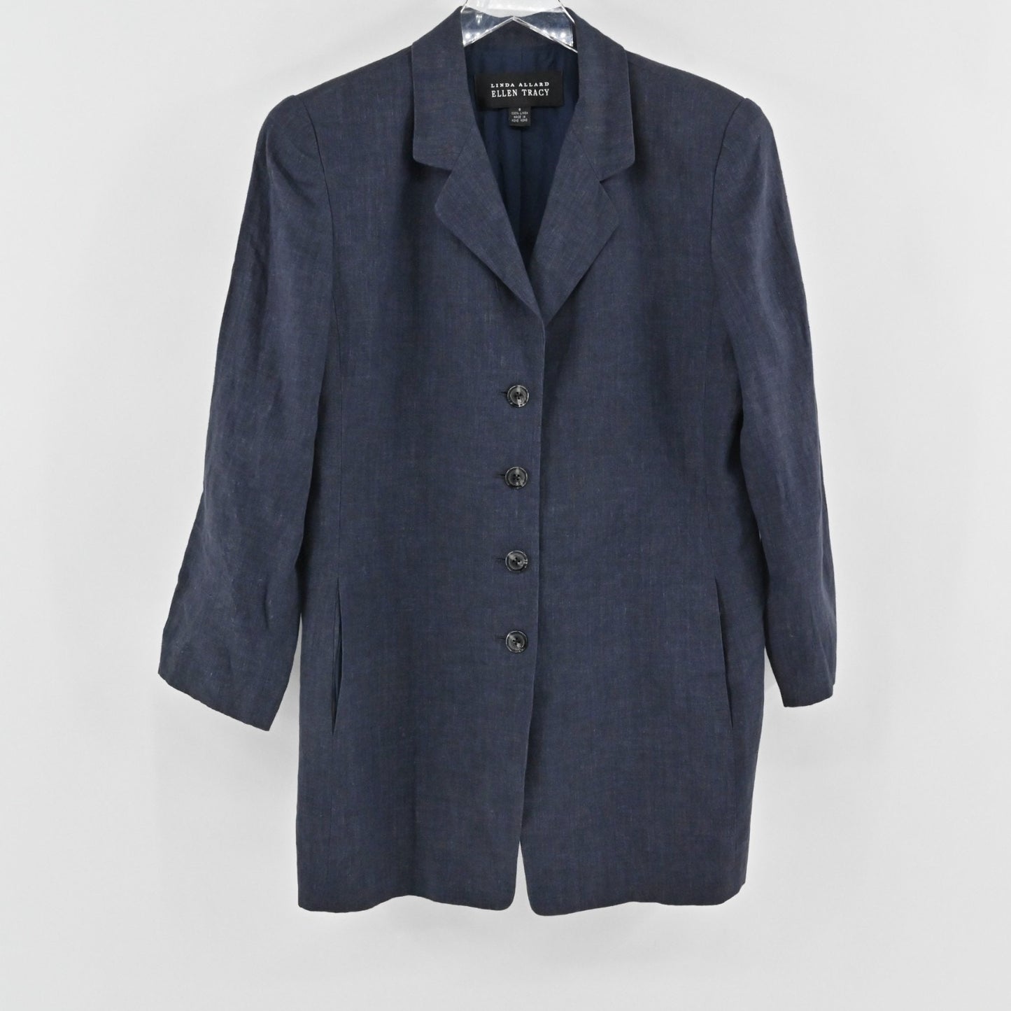Vtg Linda Allard Ellen Tracy Womens Linen Blue Blazer Size 8 Single Breasted