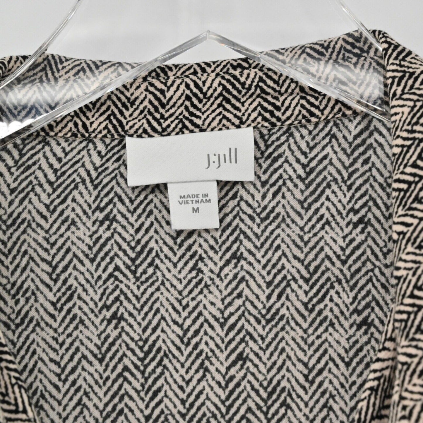 J JILL Top Womens Size M Cream Black Herringbone Button Up Long Bow Bell Sleeve