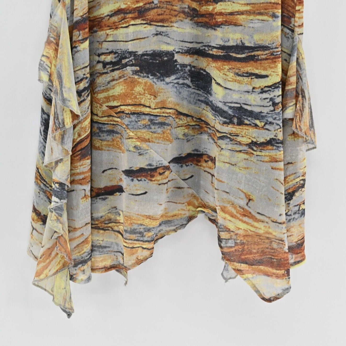 VIVIENNE TAM Top Womens Size M Sleeveless Mesh Blouse Marbled Draped Ruffle Boho
