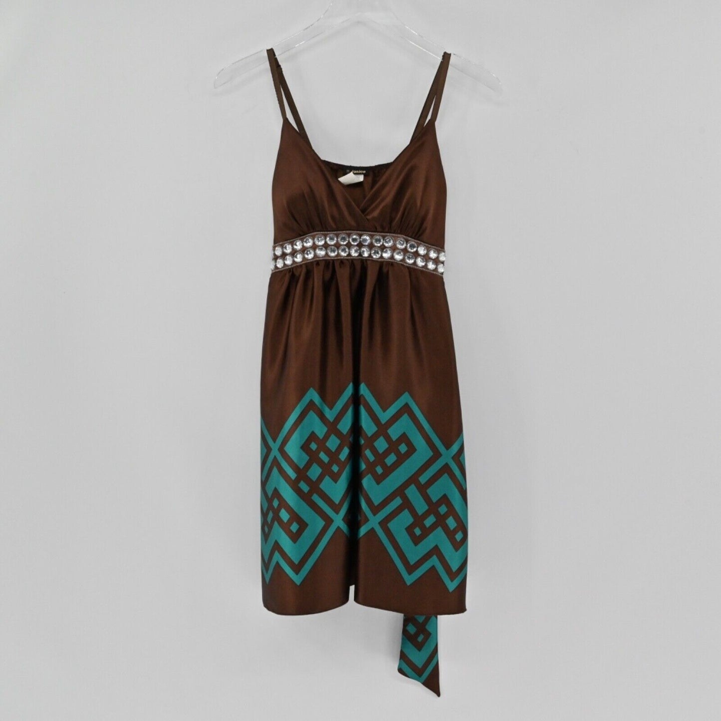 Vtg JANICE Dress Womens Sz S Brown Teal Geometric Satin Jeweled Empire Waist Y2k