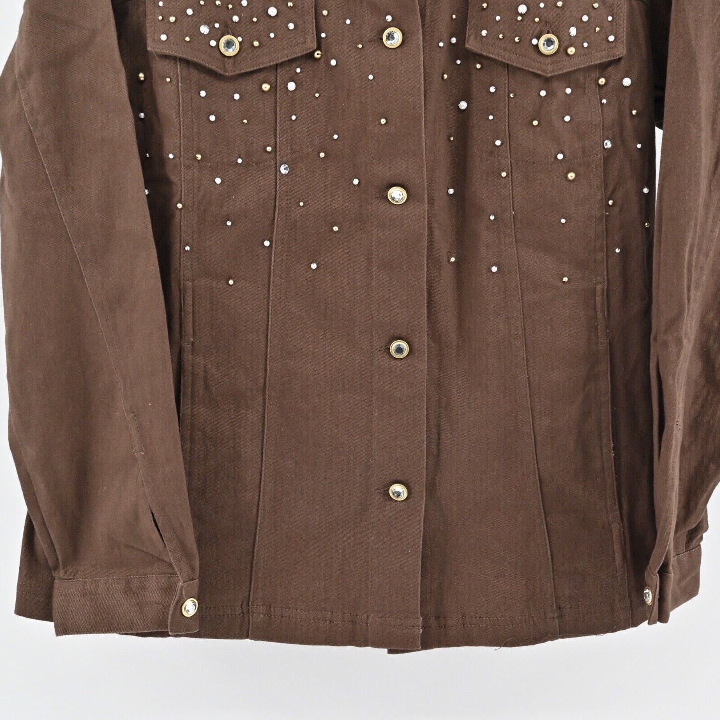 QUACKER FACTORY Denim Jacket Womens Sz M Brown Rhinestone Beaded Blinged Western