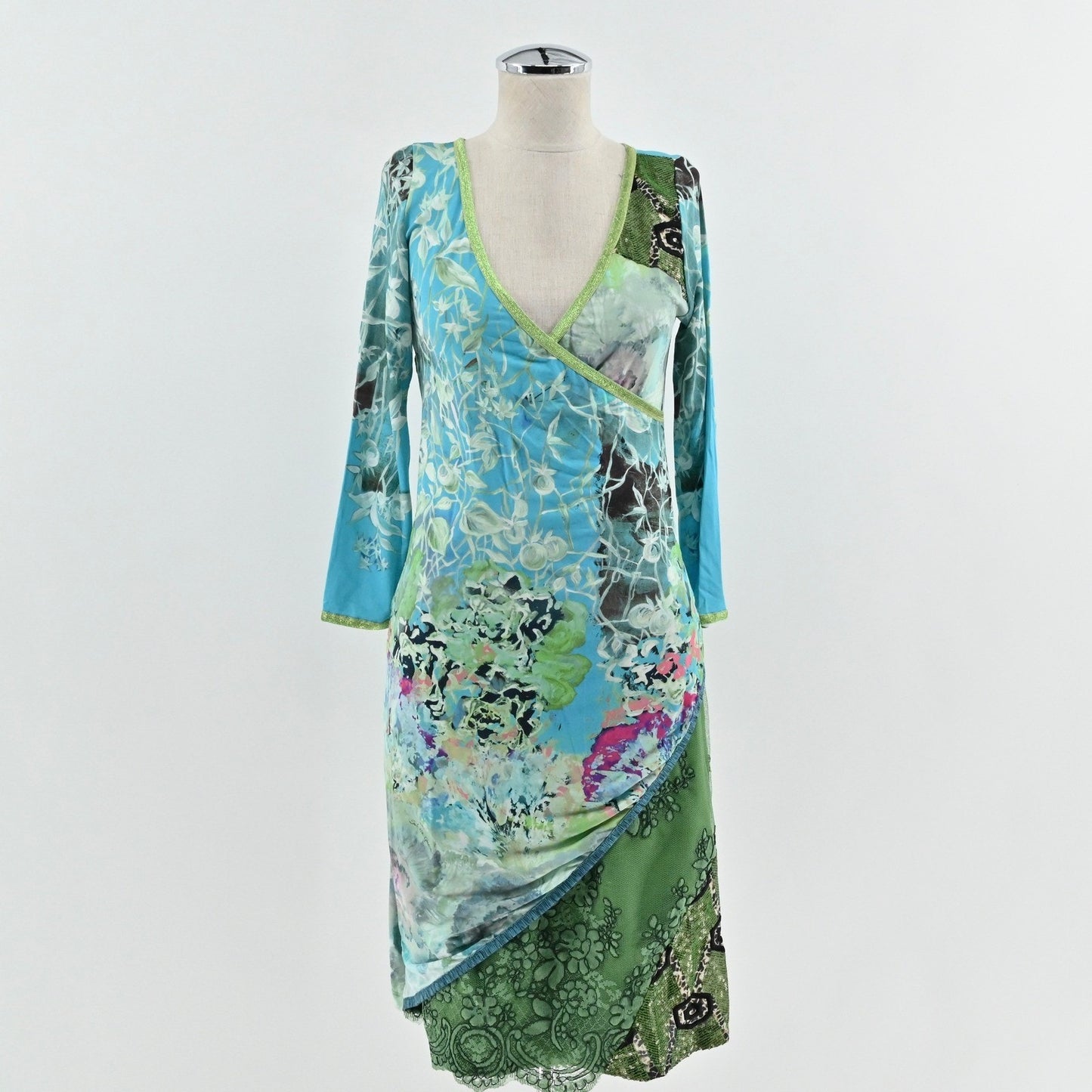 Save The Queen Wrap Dress Sz S Italy Turquoise Floral Mesh Long Sleeve Eclectic