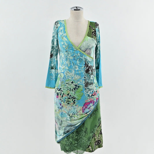 Save The Queen Wrap Dress Sz S Italy Turquoise Floral Mesh Long Sleeve Eclectic