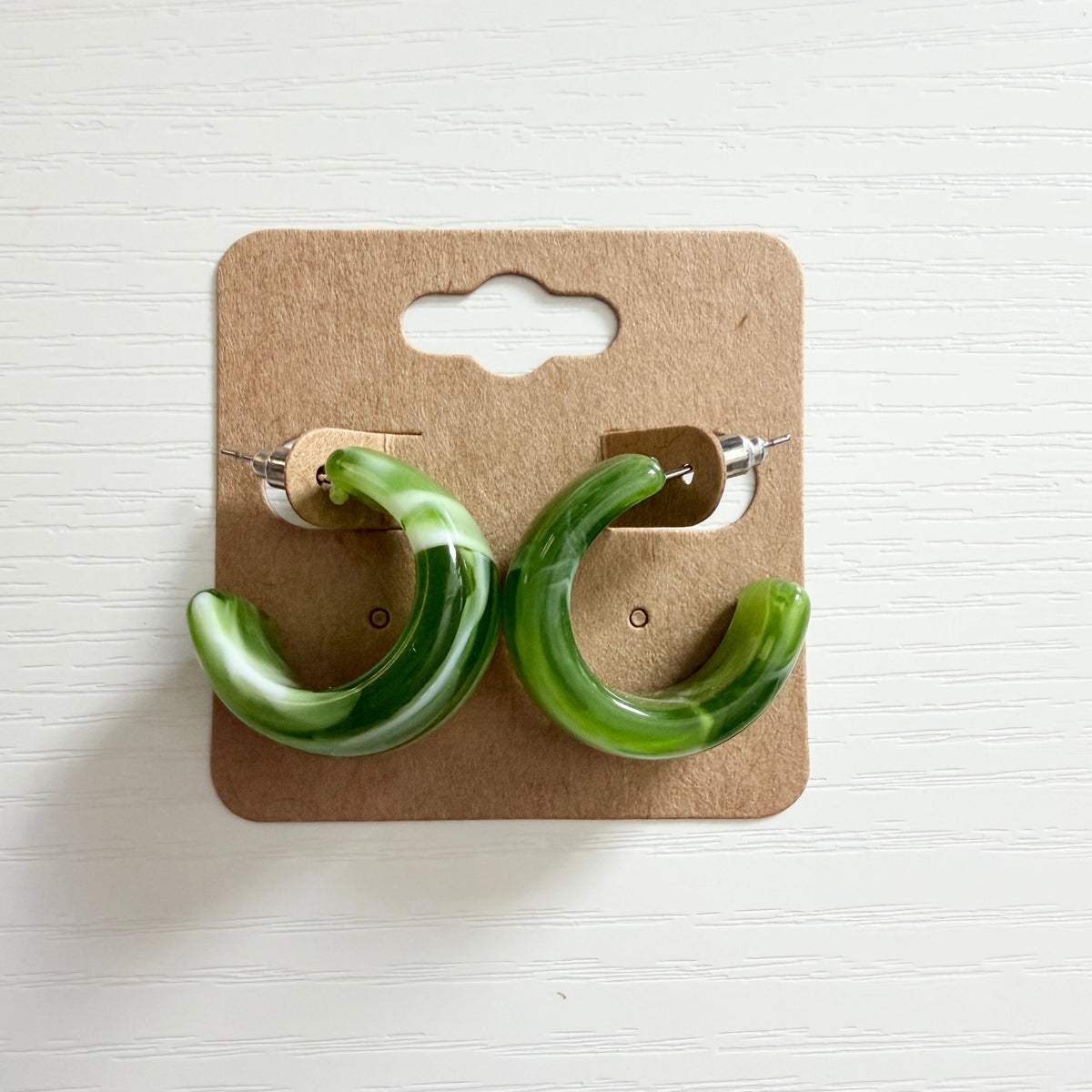 Green marbled resin silver hoop earrings