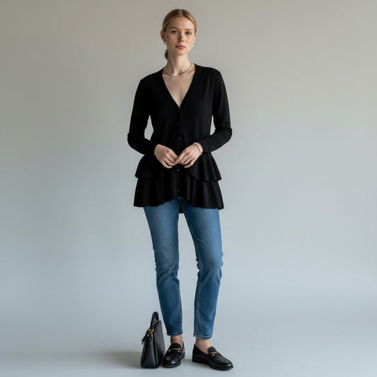 Lynn's Closet Boutique Alexander McQueen black knit cardigan with V-neck, button front, and peplum hem. Size L.