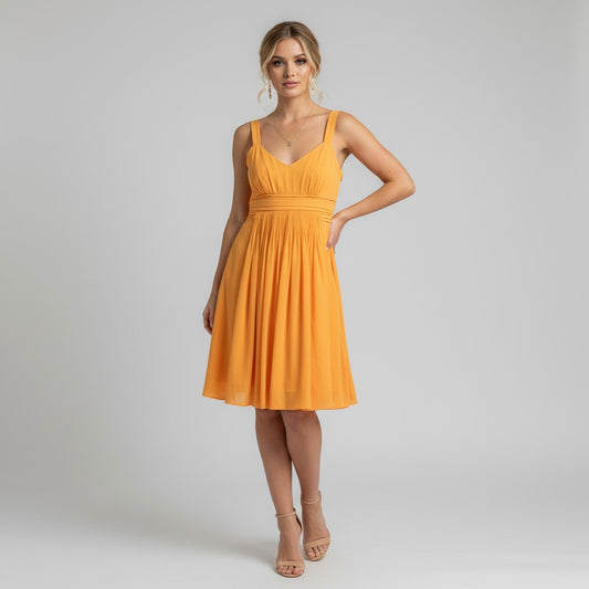 Lynn's Closet Boutique gold cotton dress with ruched bodice and pleated skirt, size 4.