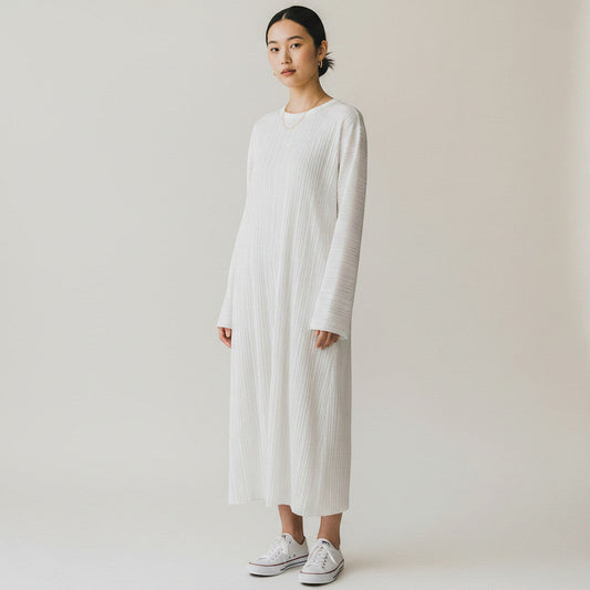 Lynn's Closet Boutique white Stella McCartney plissé midi dress with long sleeves and crew neck.