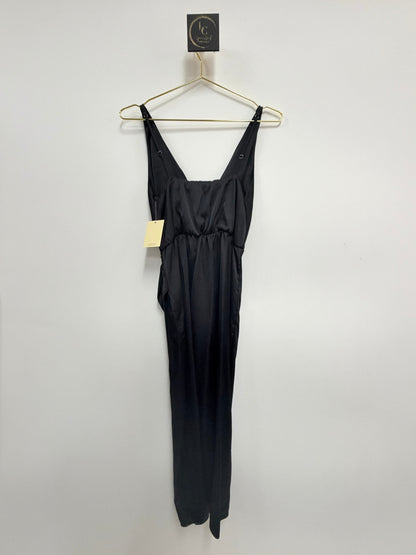 Lynn's Closet Boutique Abercrombie & Fitch black satin maxi dress with V-neck and ruched side detail on a hanger.