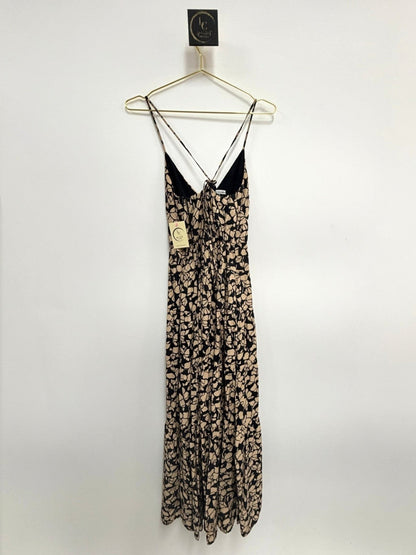 Lynn's Closet Boutique Abercrombie & Fitch camel and black floral print tiered maxi dress with spaghetti straps.
