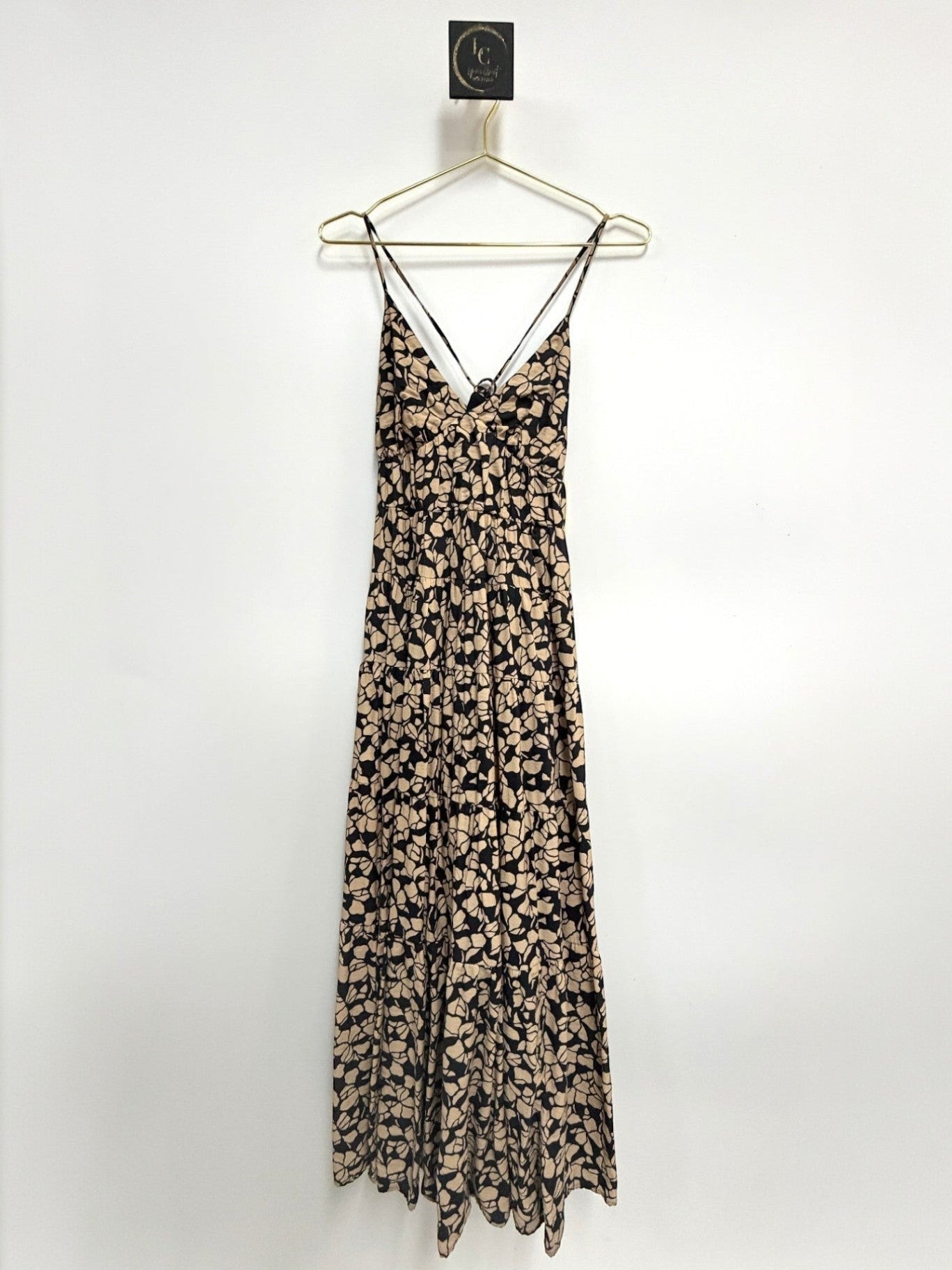 Lynn's Closet Boutique Abercrombie & Fitch camel and black floral print tiered maxi dress with spaghetti straps