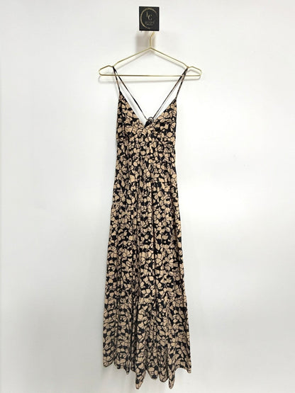 Lynn's Closet Boutique Abercrombie & Fitch camel and black floral print tiered maxi dress with spaghetti straps
