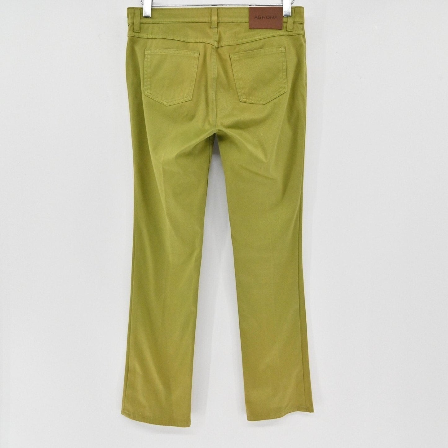 Lynn's Closet Boutique Agnona olive green straight-leg pants featuring a back view with five-pocket styling.