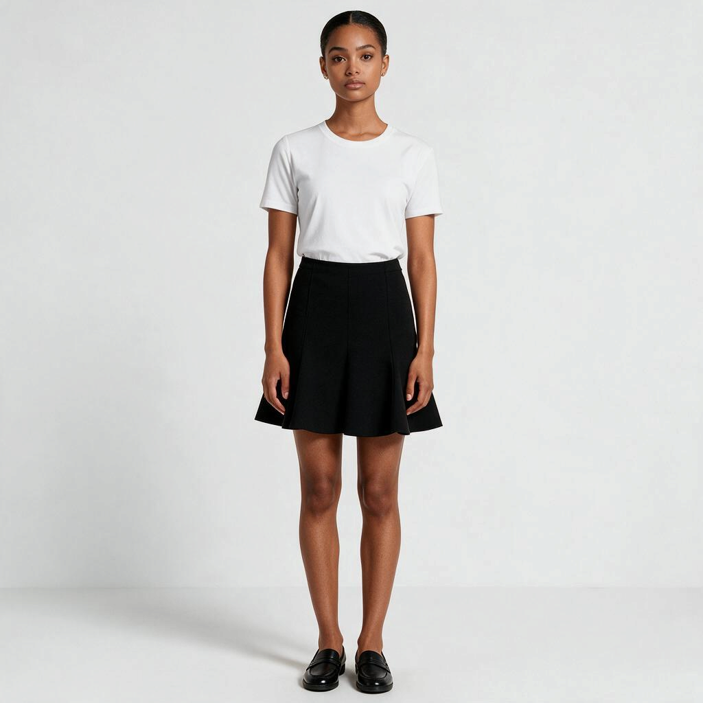 Model wearing a Lynn's Closet Boutique black Akris Punto skater skirt with a flared godet hem and white t-shirt