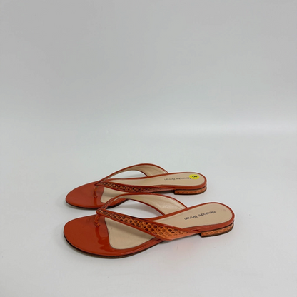 Lynn's Closet Boutique Alexandre Birman orange flat thong sandals with snakeskin-embossed straps and glossy finish