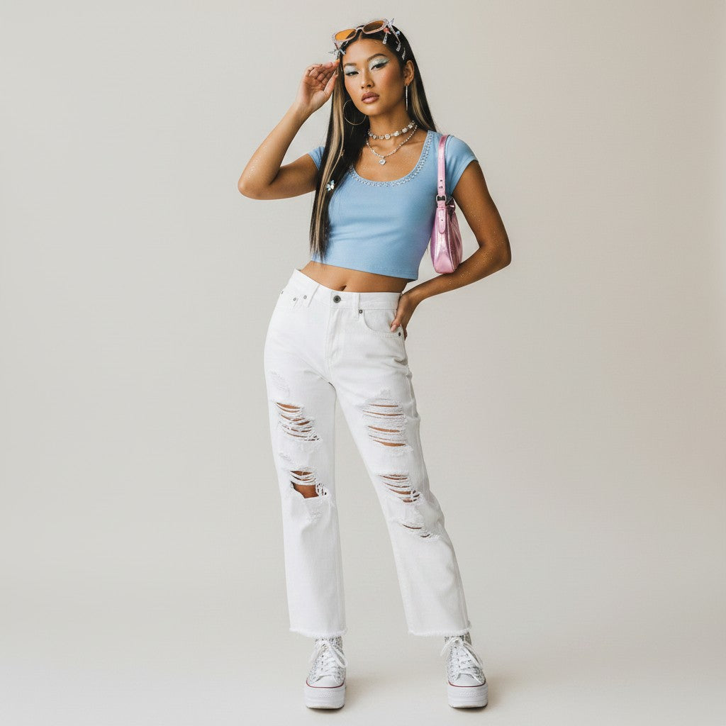 Model wearing Lynn's Closet Boutique Alice + Olivia Genevieve white distressed jeans with a blue crop top.
