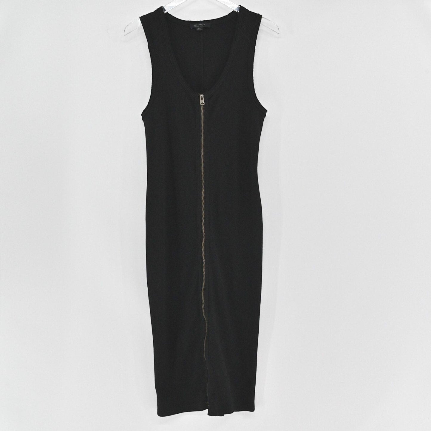 Lynn's Closet Boutique AllSaints black ribbed knit midi dress with a full-length front zip closure and scoop neck.