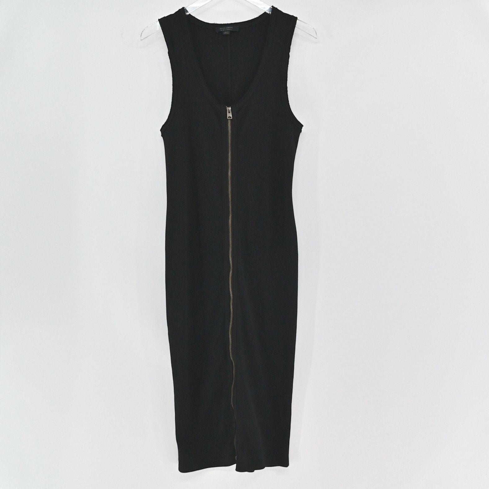 Lynn's Closet Boutique AllSaints black ribbed knit midi dress with a full-length front zip closure and scoop neck.