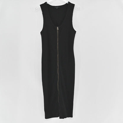 Lynn's Closet Boutique AllSaints black ribbed knit midi dress with a full-length front zip closure and scoop neck.