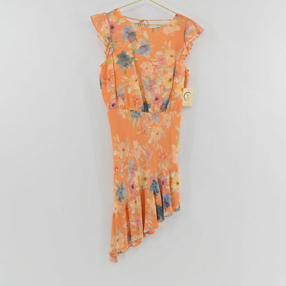 Lynn's Closet Boutique Amanda Uprichard peach floral midi dress with flutter sleeves and asymmetrical high-low hem.