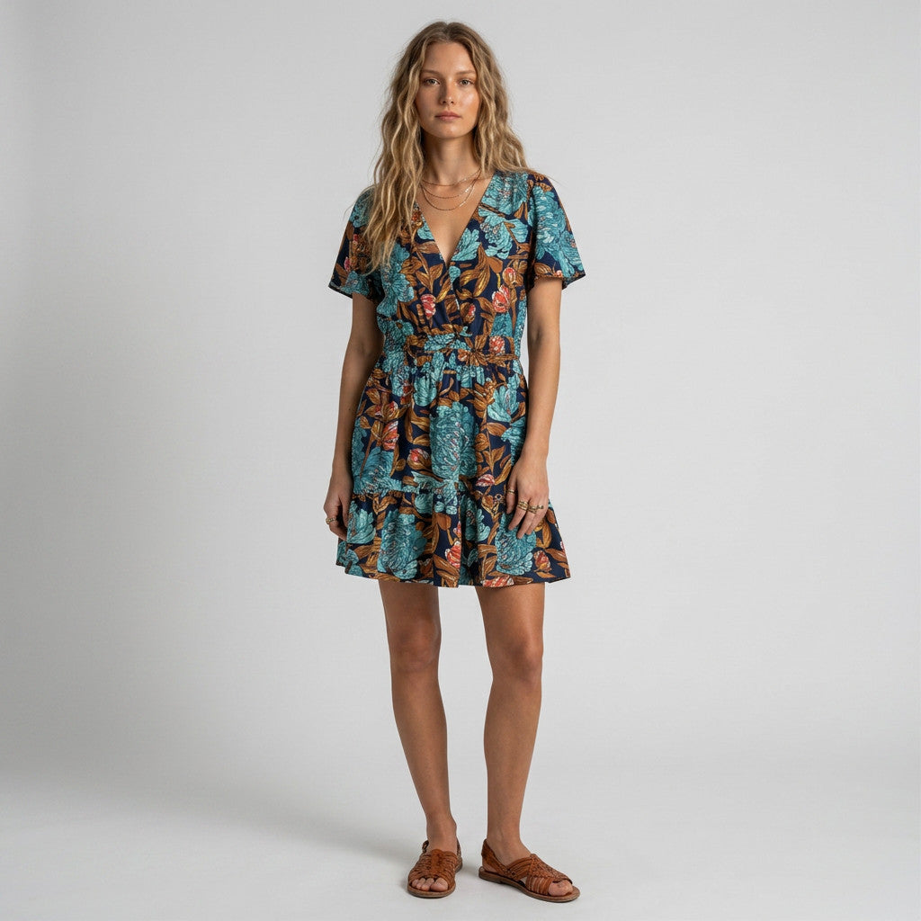 Model wearing a Lynn's Closet Boutique Anthropologie navy floral mini dress with flutter sleeves and a tiered skirt.