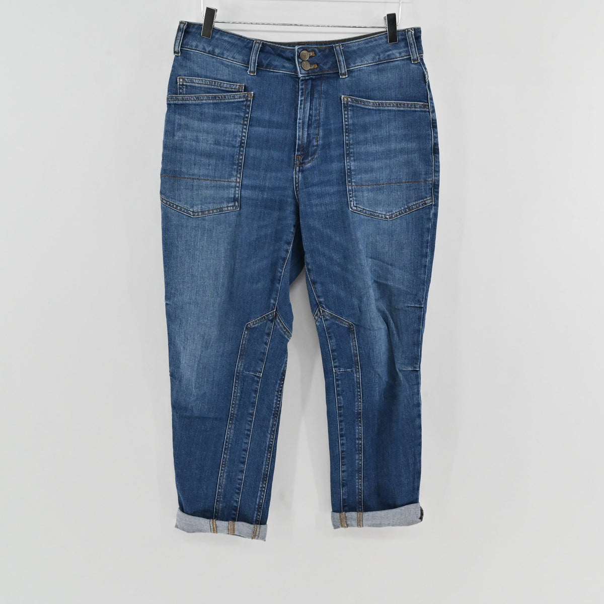 Lynn's Closet Boutique Anthropologie Pilcro high-rise tapered jeans in medium wash denim with seamed patch pockets