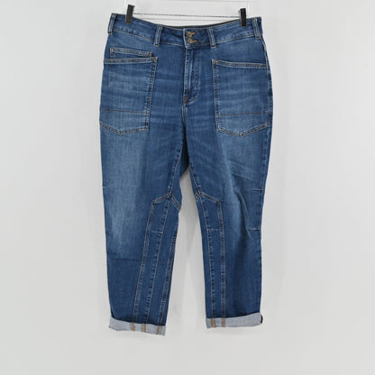 Lynn's Closet Boutique Anthropologie Pilcro high-rise tapered jeans in medium wash denim with seamed patch pockets
