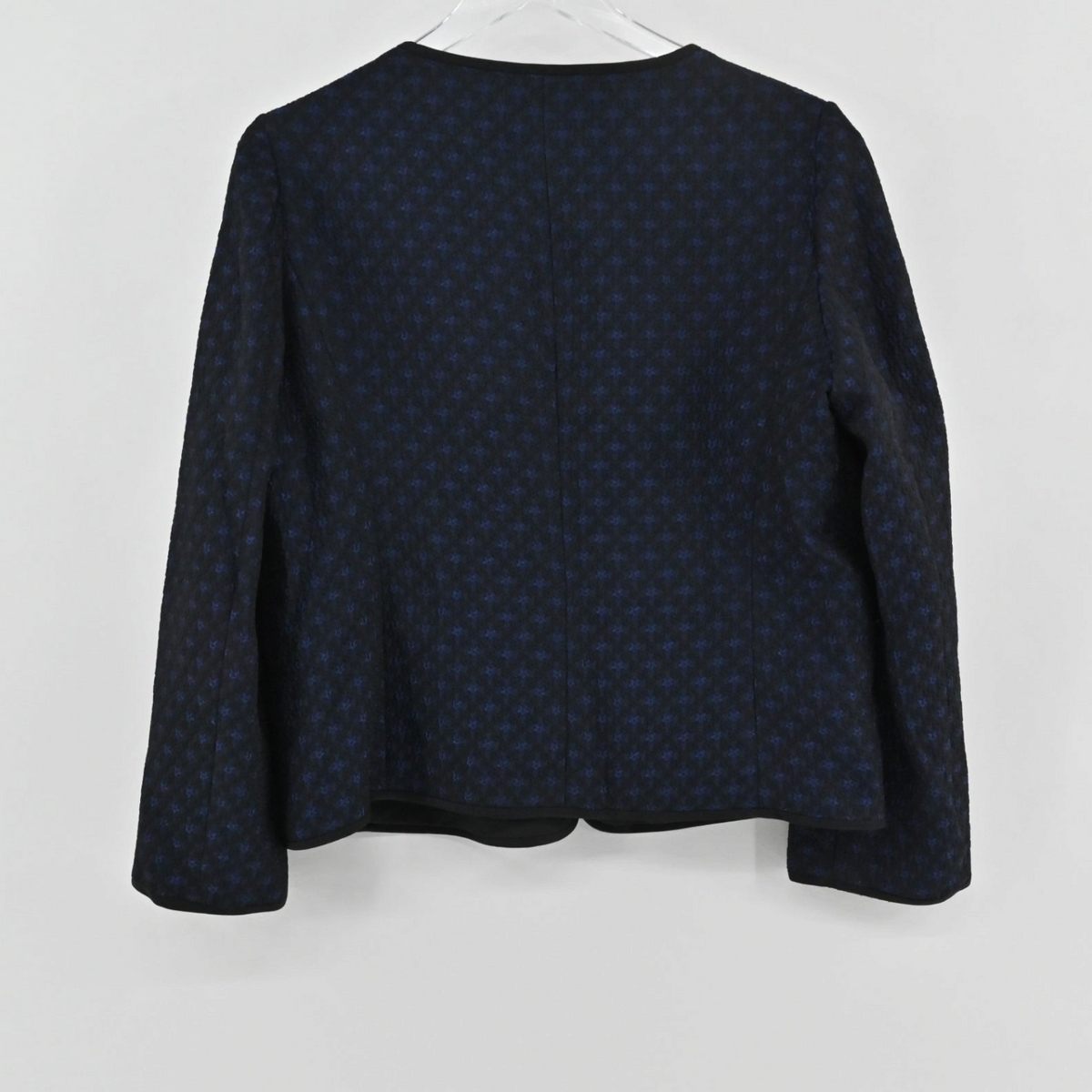 Lynn's Closet Boutique Armani Collezioni navy and black textured collarless zip jacket, back view.