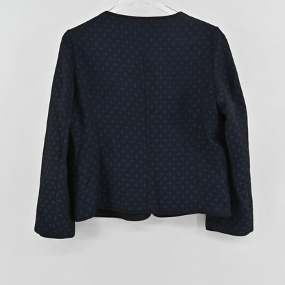 Lynn's Closet Boutique Armani Collezioni navy and black textured collarless zip jacket, back view.