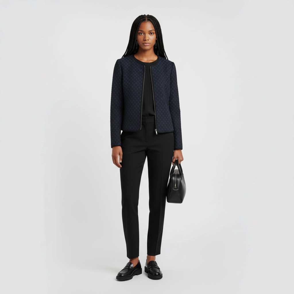 Model wearing a Lynn's Closet Boutique Armani Collezioni navy and black textured collarless zip jacket with trousers