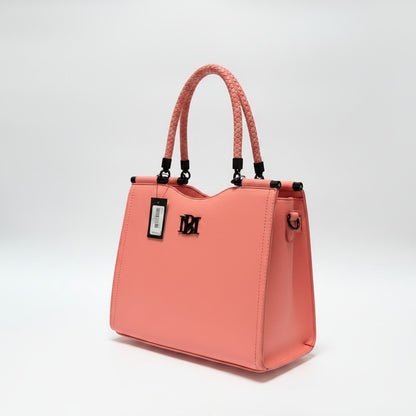 Badgley Mischka coral vegan leather tote bag with braided handles and logo hardware from Lynn's Closet Boutique.