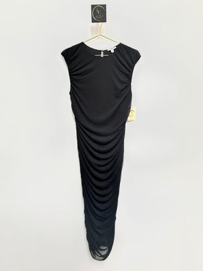 Lynn's Closet Boutique Bar III black sleeveless maxi dress with all-over ruched detailing and a form-fitting design.