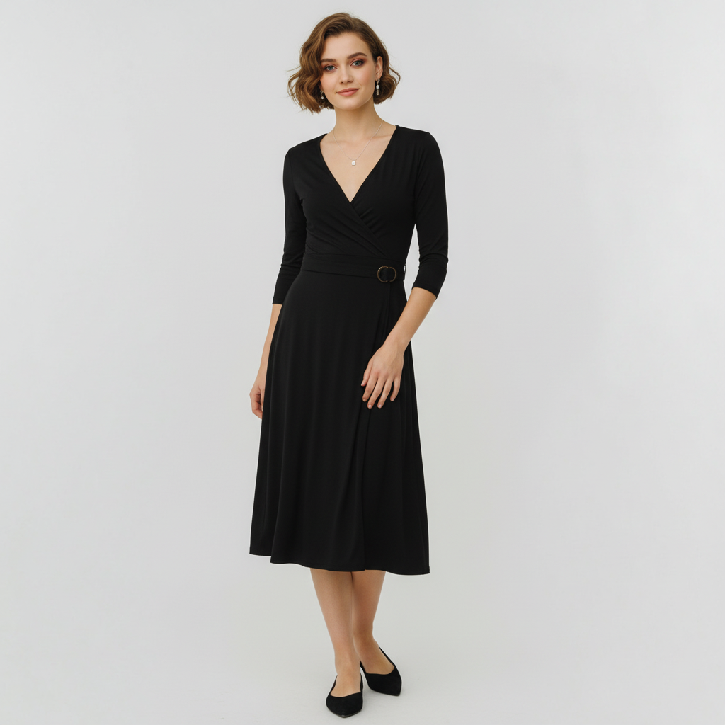 Model wearing a black BCBGMaxAzria wrap dress with three-quarter sleeves and a buckle waist from Lynn's Closet Boutique
