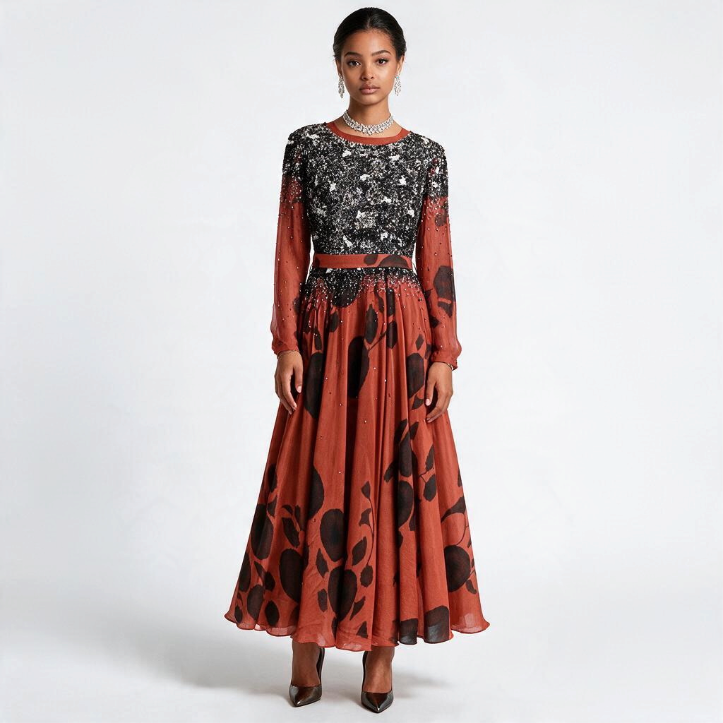 Lynn's Closet Boutique Saaksha Kinni rust and black floral maxi dress with beaded sequin bodice and long sleeves