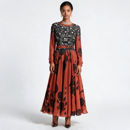 Lynn's Closet Boutique Saaksha Kinni rust and black floral maxi dress with beaded sequin bodice and long sleeves