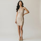 Lynn's Closet Boutique beige sequin lace sleeveless mini dress, size S. Elegant party wear.