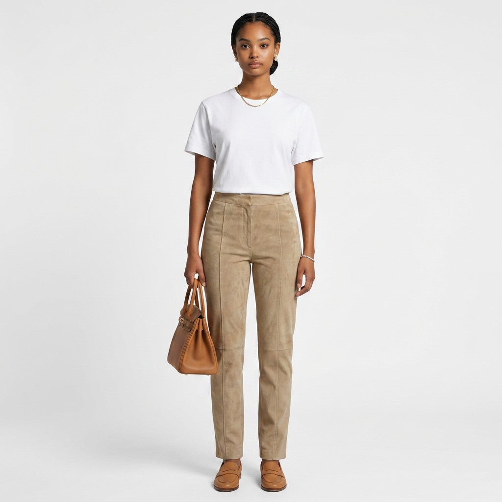 Model wearing Lynn's Closet Boutique beige slim-fit suede trousers with a white t-shirt and brown leather handbag.