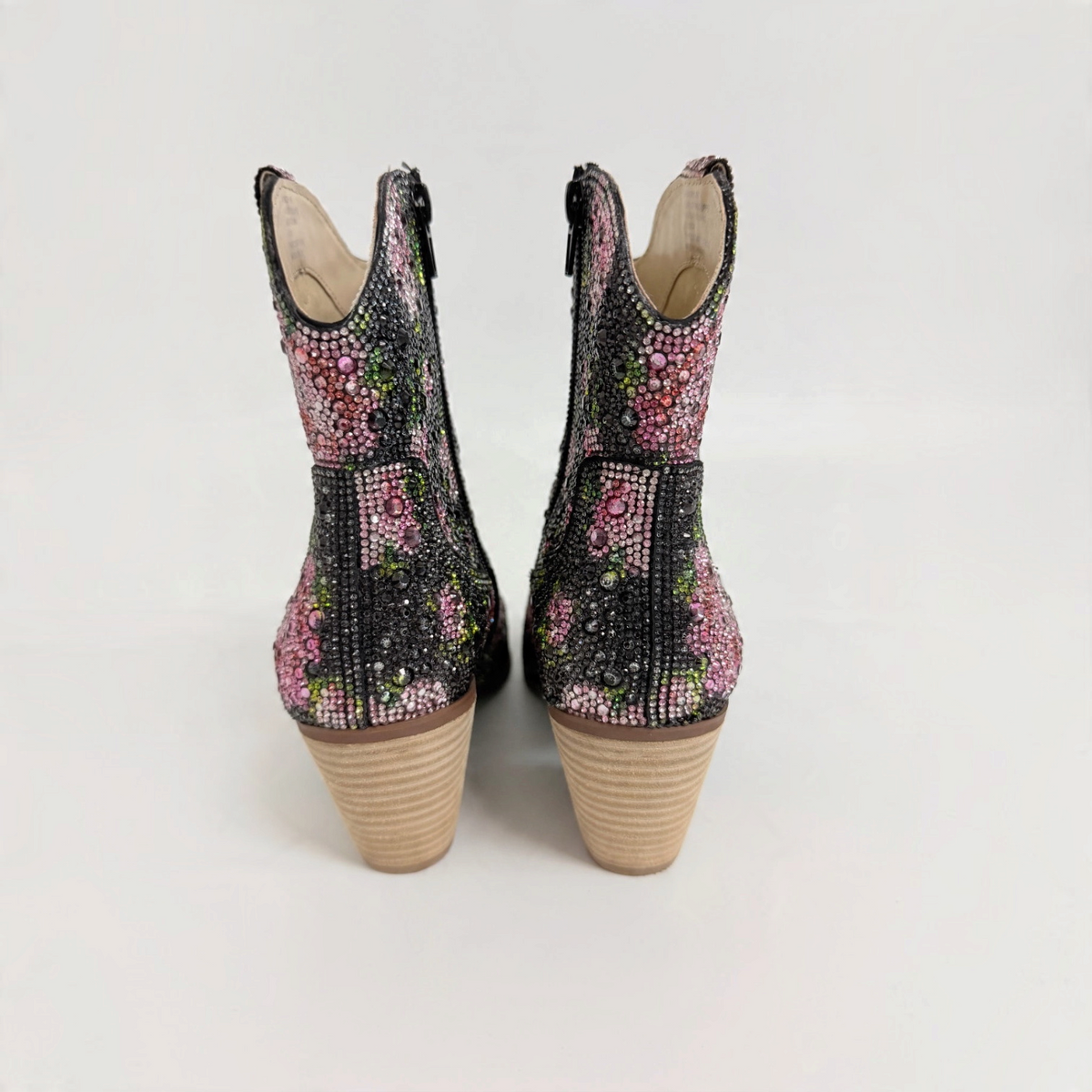 Lynn's Closet Boutique Betsey Johnson Emory black ankle booties with rhinestone floral pattern and block heels