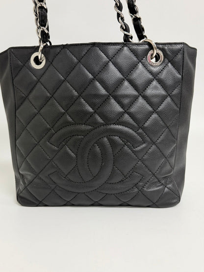 Lynn's Closet Boutique black quilted caviar leather Chanel Petite Shopping Tote with silver-tone chain straps