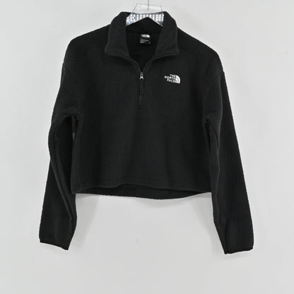 Lynn's Closet Boutique black The North Face cropped quarter-zip fleece with stand-up collar and white chest logo