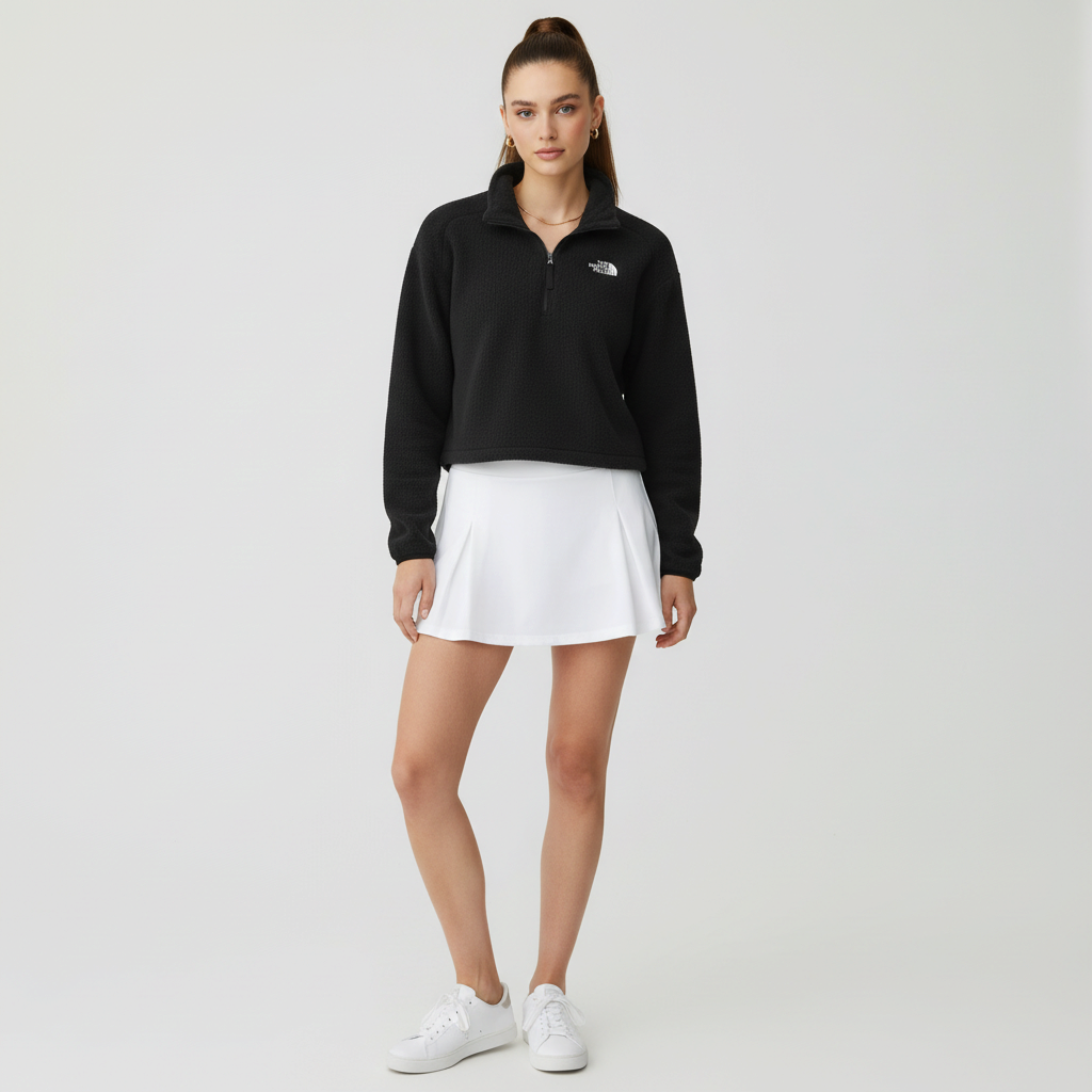 Lynn's Closet Boutique model wearing a black The North Face cropped quarter-zip fleece with a white tennis skirt.