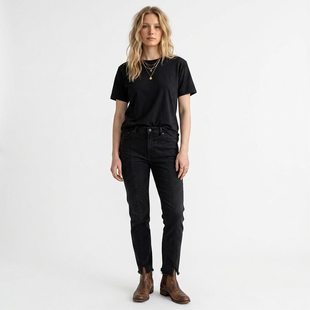 Lynn's Closet Boutique A&F Curve Love black high-rise skinny jeans with front seam detail and raw-edge hem on model